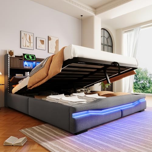 Dolamaní Doppelbett 160x200 cm, Jugendbett Polsterbett mit USB und LED-Leuchten unter dem Bett und Stauraum Kopfteil mit Staufach, Hydraulisch Stauraumbett Leinen ohne Matratze (Grau) von Dolamaní