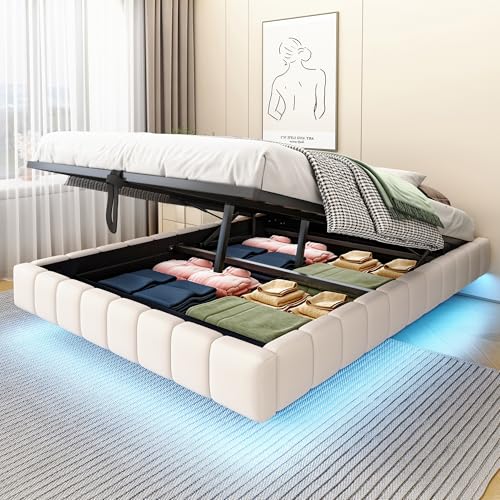 Dolamaní Doppelbett Polsterbett 140x200 cm mit Bettkasten ohne Kopfteil, Bett Schwebebettrahmen mit Stauraum, Tragfähigkeit 250 kg (Beige) von Dolamaní