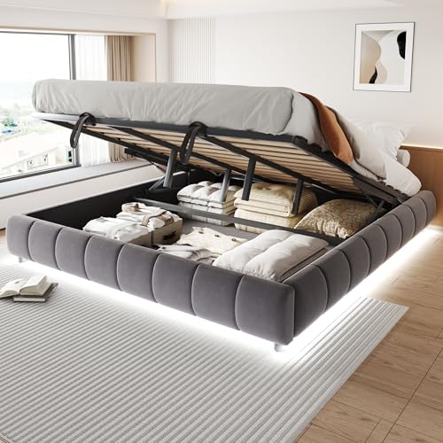 Dolamaní Doppelbett Polsterbett 180x200 cm mit Bettkasten ohne Kopfteil, Bett Hydraulischer Schwebebettrahmen mit Stauraum, Samtstoff, Tragfähigkeit 300 kg (Grau B) von Dolamaní
