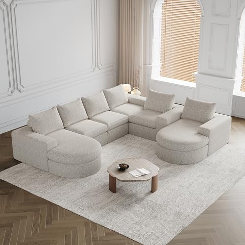 Dolamaní Ecksofa modulares Kombinationssofa, Pure Foam Installation-Free Eckcouch, 5-6 Sitzer Sofa mit gebogenen Elementen und Liegestuhl, Chenille(Beige B) von Dolamaní
