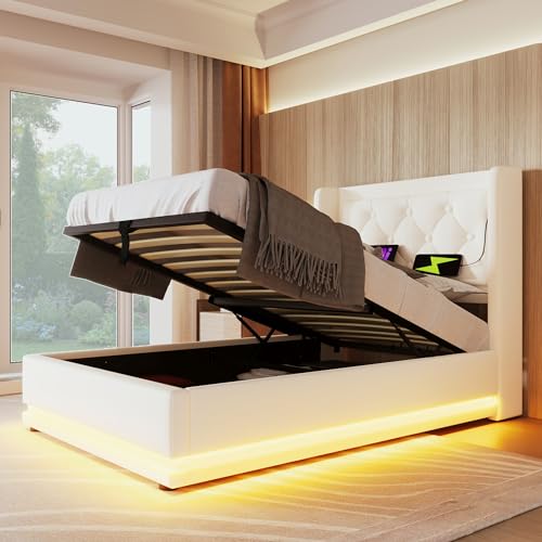 Dolamaní Einzelbetten 90x200 cm Modern mit Stauraum, Boxspringbett mit Bettkasten Polsterbett, Polster Kopfteil, Funktionsbett, Stauraumbett, Weiß-PU von Dolamaní