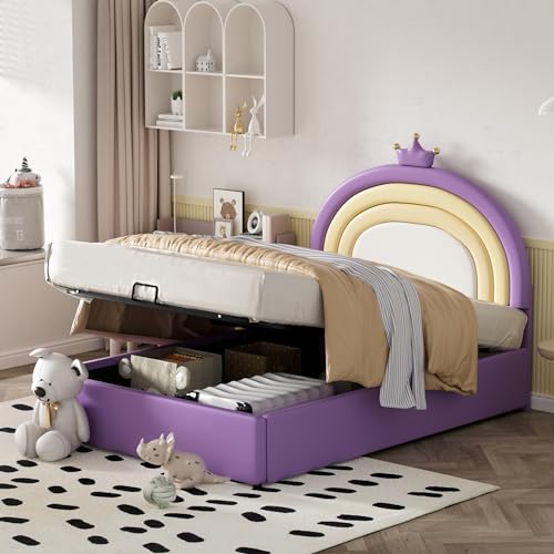 Dolamaní Einzelbetten Mädchen Bett 140x200 cm Prinzessin, Hydraulikbett Polsterbett mit Stauraum, Jugendbett Bett mit Lattenrost & Kopfteil mit Kronen- und Regenbogen-Design, Blassviolett von Dolamaní