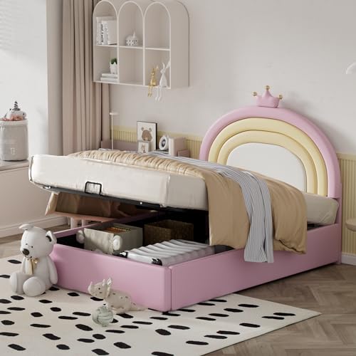 Dolamaní Einzelbetten Mädchen Bett 140x200 cm Prinzessin, Hydraulikbett Polsterbett mit Stauraum, Jugendbett Bett mit Lattenrost & Kopfteil mit Kronen- und Regenbogen-Design, Rosa von Dolamaní