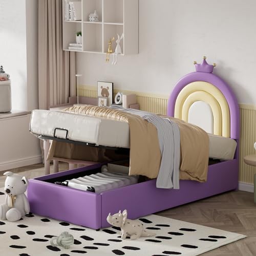 Dolamaní Einzelbetten Mädchen Bett 90x200 cm Prinzessin, Hydraulikbett Polsterbett mit Stauraum, Jugendbett Bett mit Lattenrost & Kopfteil mit Kronen- und Regenbogen-Design, Blassviolett von Dolamaní