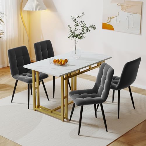 Dolamaní Esstisch mit 4 Stühlen Set, Samt Küchenstuhl, Polsterstuhl mit Rückenlehne, Marmor Küchentisch Set, Gerade Tischbeine 120x 70cm in Gold, Grau von Dolamaní