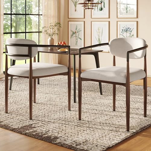 Dolamaní Esszimmerstühle 2er Set, Metall Stühle mit Armlehne, Leinenstoff Gepolstertes Sitzkissen und Rückenlehne, verstellbares Fußdesign (Beige 2er Set) von Dolamaní