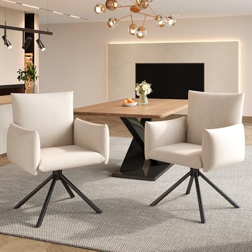 Dolamaní Esszimmerstühle 2er Set mit Drehfunktion, Drehsessel mit Armlehnen Rückenlehne, Stühle mit 4 Metallbeinen für Wohnzimmer Esszimmer, Arbeits- und Schreibtischstuhl (Beige 2er Set (Samt)) von Dolamaní