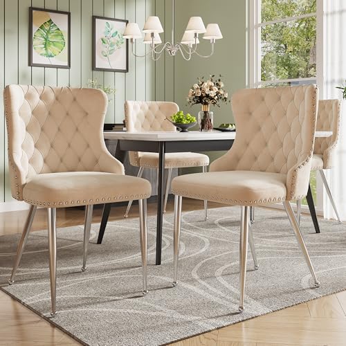 Dolamaní Esszimmerstühle 4er Set Samtstoff mit Gepolstertes Rückenlehne, Polsterstuhl Esszimmer Stuhlmit verstellbares Fußdesign, Silberne Stuhlbeine (Beige B-4er Set) von Dolamaní