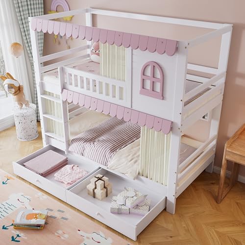 Dolamaní Etagenbett 2 Kinder 90x200 cm Mit Fenstern und Fallschutzgitter, 2 Stauraum Schubladen mit Rollen, Rosa Traufe (Weiß+Rosa B(Mit Bettvorhang)) von Dolamaní