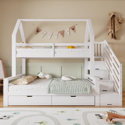 Dolamaní Etagenbett 2 Personen 90x200 cm & 140x200 cm inkl. Lattenrosten, 2 Schubladen auf Rollen und Dach Design, Absturzschutz & Sicherheits Treppe mit Stauraum (Weiß) von Dolamaní