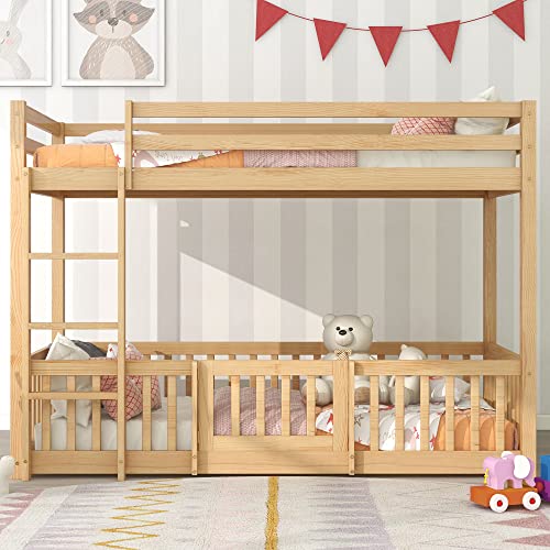 Dolamaní Etagenbett 90x200cm mit Leiter, Hochbett mit Zäune und Türchen, Kinderbett mit Fallschutz und Gitter, Massivholz, Natur von Dolamaní