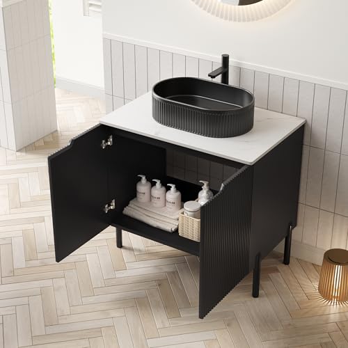 Dolamaní Freistehender Waschbecken incl. Unterschrank 76 cm, Schwarzem Oval Gestreiftem Keramikwaschbecken, weiß Arbeitsplatte, Gestreifter Schrank mit Doppeltüren, Schwarze (A) von Dolamaní