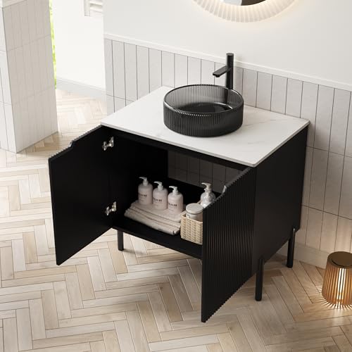 Dolamaní Freistehender Waschbecken incl. Unterschrank 76 cm, Transparentes Schwarzes Rundes Glasbecken, weiß Arbeitsplatte, Gestreifter Schrank mit Doppeltüren, Schwarze (D) von Dolamaní