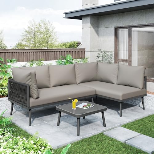 Dolamaní Gartenmöbel Set 3-teiliges(2X 2-Sitzer-Sofa,1x Tisch), Garten Lounge Set aus Eisen, L-förmiges Lounge möbel Outdoor aus Seil mit Sitzkissen, verstellbaren Füßen (Grau) von Dolamaní