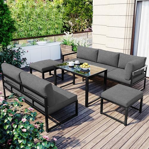 Dolamaní Gartenmöbel Set 5-teiliges(1xFunktionssofa,1x2er-Sofa, 2xHocker, 1xTisch), Aluminium Sitzgruppe für Garten Balkon mit Liegefunktion, Vierter Gang verstellbare Rückenlehne, Grau(5) von Dolamaní