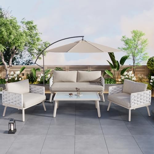 Dolamaní Gartenmöbel Wetterfest Metall 4er Set für 4 Personen, Rattan Rückenlehne Lounge Möbel Outdoor(1x 2-Sitzer-Sofa, 2X Einzelstühle, 1x Tisch, Kissen), Tischplatte aus Glas, Stahlgestell (Weiß) von Dolamaní