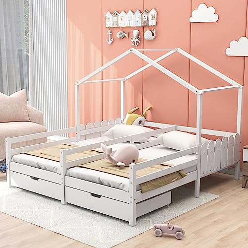 Dolamaní Hausbett 90x200cm mit rausfallschutz, Doppelbett, Kinderbett mit 2 Schubladen, Schubladen auf Rollen, Lattenrost aus Kiefer, weiß von Dolamaní