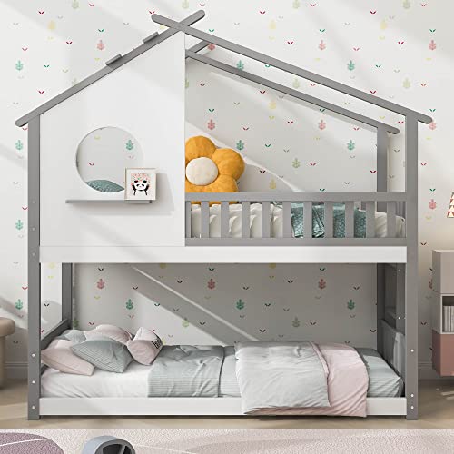 Dolamaní Hausbett, Hochbett Etagenbett für Kinder in Grau mit Weiß, Bett mit Rechtwinkliger Leiter, Kiefernrahmenbett mit Fallschutz und Geländer, 90 x 200 cm von Dolamaní