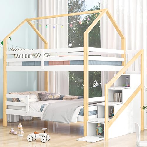 Dolamaní Hausbett 90x200 cm mit Treppe, Hochbett mit Schubladen und Lattenrost, Etagenbett, Kinderbett (Natur) von Dolamaní