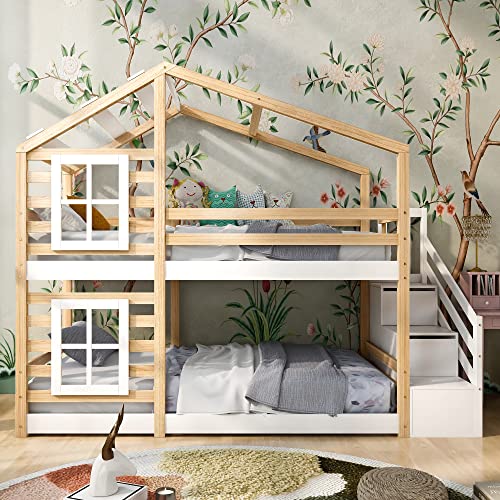 Dolamaní Hausbett 90 x 200 cm mit Treppe, Hochbett 90 x 200 cm, Etagenbett mit Schublade und Rausfallschutz, Einzelbett für Kinder, 2 Lattenrost, Natur & Weiß von Dolamaní