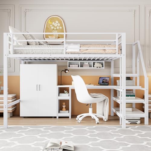Dolamaní Hochbett 140x 200 cm mit Stauraum Sicherheit Treppe und Regale, Schreibtisch und Schrank unter dem Bett, ohne Matratze (Weiß B) von Dolamaní