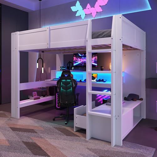 Dolamaní Hochbett 140x200 cm mit Schreibtisch und Regal, Etagenbett mit LED-Leuchten und Schublade, Jugendbett Holzbett Bettrahmen ohne Matratze (Weiß) von Dolamaní