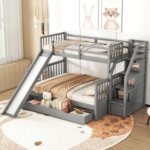 Dolamaní Hochbett 90x200, 140x200 Etagenbett mit Rutsche und Schubladen, Kinderbett mit Stauraum Treppe, Stockbett für 2 Kinder, Hohes Geländer (Grau, 90x200+140x200cm) von Dolamaní