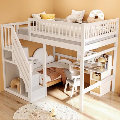 Dolamaní Hochbett Ablage Kinder 140x200 cm mit Treppe, Kinderbett mit Hohe Raufallschutzan Sicherheit, kinderhochbett Holz Kiefer, Großer Platz unter dem Bett, Weiß von Dolamaní