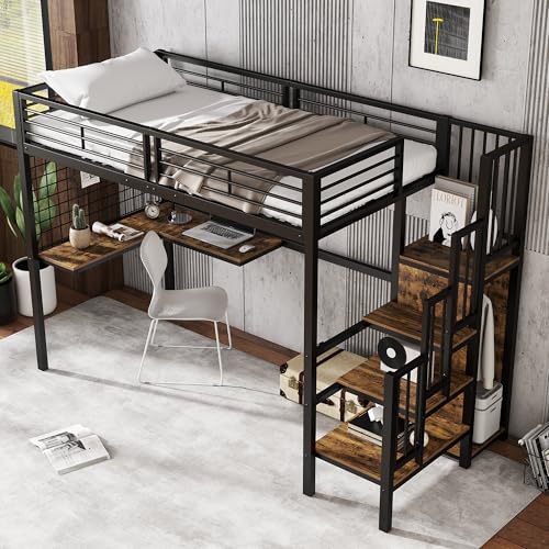Dolamaní Hochbett Erwachsene 90x200 cm, mit Schreibtisch und Schrank und Regal-Treppe mit Handlauf, Metallbett Kleine quadratische Netzstreifen an den Seiten (Schwarz+Dunkle) von Dolamaní
