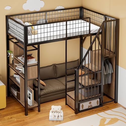 Dolamaní Hochbett Erwachsene Jugendliche 90x200 cm mit Treppe und Stauraum, Höhe 170cm Metallbett mit Mehrstöckiges Regal (Schwarz) von Dolamaní