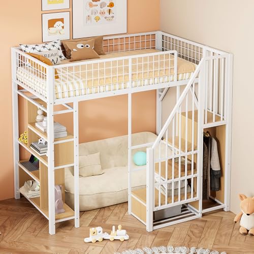 Dolamaní Hochbett Erwachsene Jugendliche 90x200 cm mit Treppe und Stauraum, Höhe 170cm Metallbett mit Mehrstöckiges Regal (Weiß) von Dolamaní