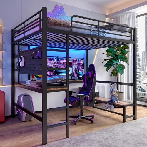 Dolamaní Hochbett Metall 140x200 cm mit Schreibtisch und mehrere Ablagen, Erwachsene Jugendbett, Metallbett mit LED und USB+Type-C Steckdose, Lochbrett Aufhängbare Gegenstände (Schwarz) von Dolamaní