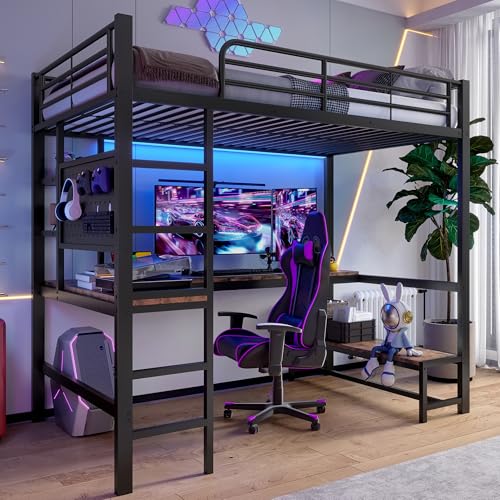 Dolamaní Hochbett Metall 90x200 cm mit Schreibtisch und mehrere Ablagen, Erwachsene Jugendbett, Metallbett mit LED und USB+Type-C Steckdose, Lochbrett Aufhängbare Gegenstände (Schwarz) von Dolamaní