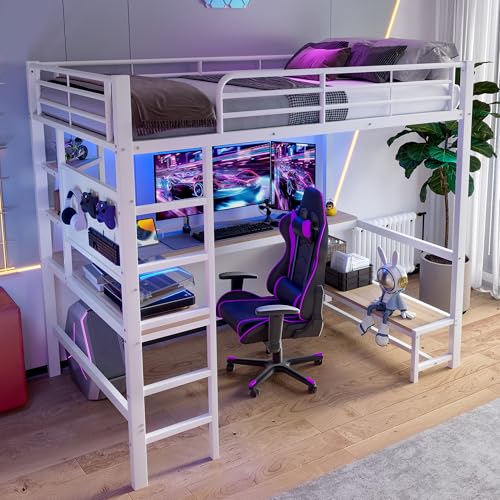 Dolamaní Hochbett Metall 90x200 cm mit Schreibtisch und mehrere Ablagen, Erwachsene Jugendbett, Metallbett mit LED und USB+Type-C Steckdose, Lochbrett Aufhängbare Gegenstände (Weiß) von Dolamaní