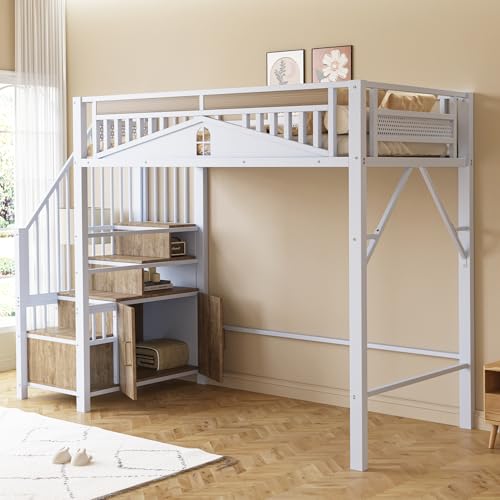 Dolamaní Hochbett Metall Bettgestell 90 x 200 cm mit Sicherheit Streppen, Rausfallschutz mit Metallhandlauf-Sicherheitsleiste und Fensterdesign (Weiß B) von Dolamaní