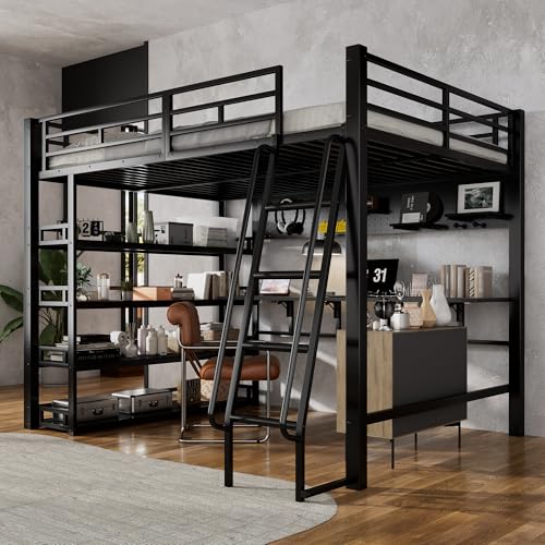 Dolamaní Hochbett aus Metall 140 x 200 cm, Kinderbett mit Mehrere Regal und Schreibtisch, Aufhängbare Stecktafel, Bett mit Lattenrost (ohne Matratze) (Schwarz B) von Dolamaní
