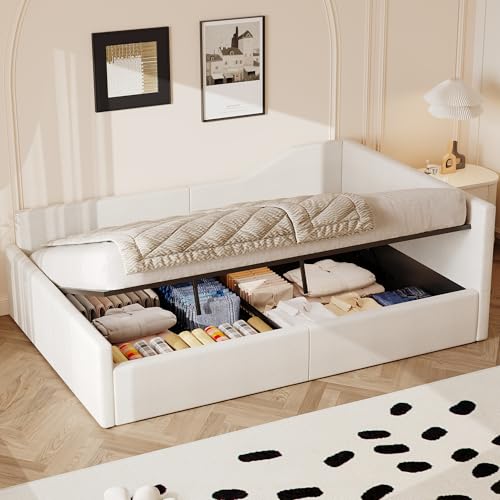 Dolamaní Hydraulisch Stauraumbett Eckbett 140x200 mit Lattenrost aus Holz, Doppelbett Leinen Polsterbett Tagesbett Gästebett für Kinder Jugendliche und Erwachsene, ohne Matratze (Beige) von Dolamaní