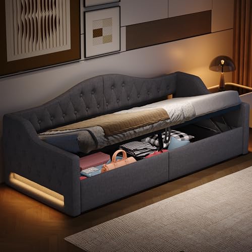 Dolamaní Hydraulisch Stauraumbett Einzelbett 90x200 cm mit Lattenrost aus Holz, Leinen Polsterbett Tagesbett Gästebett für Kinder Jugendliche und Erwachsene, ohne Matratze (Grau) von Dolamaní