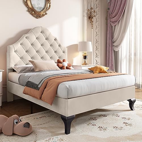 Dolamaní Jugendbett 90x200 cm Mädchen Jungen, Polsterbett Samt mit Höhenverstellbares Kopfteil, Doppelbett mit Lattenrost & Bettfuß, Jugendzimmer Schlafzimmer Bett, Beige von Dolamaní