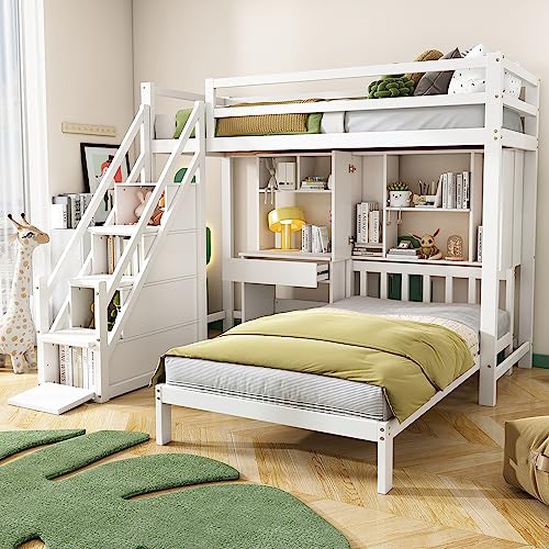 Dolamaní Hochbett Etagenbett 90 * 200, Doppelbett mit Treppe, Multifunktionales Kinderbett, mit Schreibtisch und Regale, mit Ablagefächern von Dolamaní