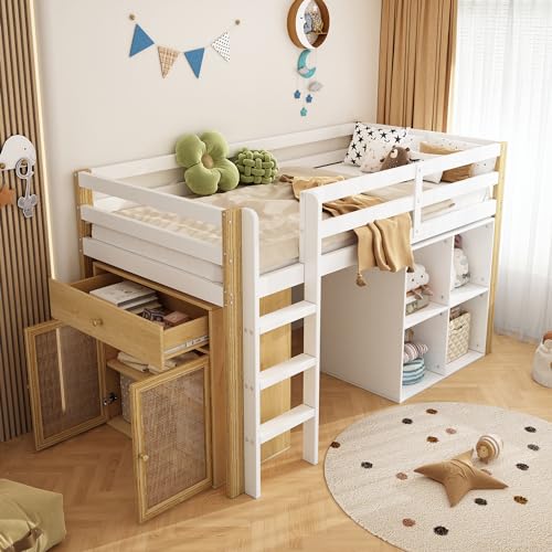 Dolamaní Kinder Hochbett 90x200 cm mit Treppe, Kinderbett Bett mit Rausfallschutz & Schubladen & Schrank & Stauraum, Einzelbetten Holz Bettrahmen für Mädchen Jungen (Natur + Weiß) von Dolamaní