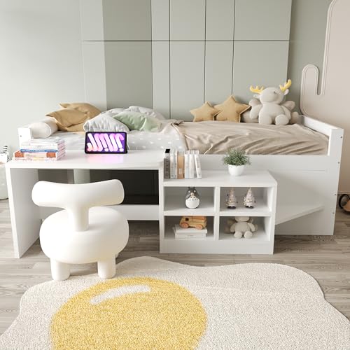 Dolamaní Kinderbett 90x200 cm, Hochbett mit Staufächern & Schreibtisch mit Steckdosen, Einzelbett mit Stauraum für Kinder Mädchen Jungenbett, Rausfallschutz ohne Matratze (Weiß A) von Dolamaní