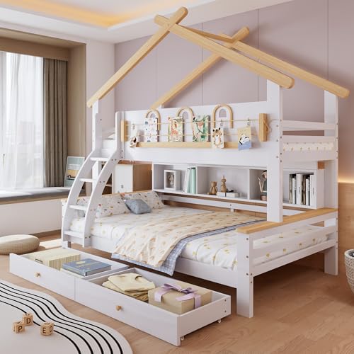 Dolamaní Kinderbett Etagenbett, 90x200 cm &120x200 cm, stockbett für 2 Kinder und 2 Schubladen mit Rollen, Hausbett mit Dachdesign, Kiefer MDF, mädchen Jungen Bett (ohne Matratze) (Weiß+Natur A) von Dolamaní