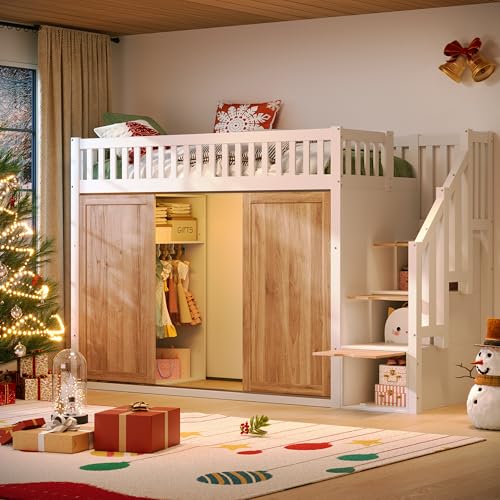 Dolamaní Kinderbett Etagenbett 90 x 200 cm, multifunktionales Bett mit LED-Leuchten und Unterbett-Schrank mit Schiebetüren, Hochbett mit Stauraum Treppe, Holzbett, ohne Matratze (Weiß und Eichefarbe) von Dolamaní