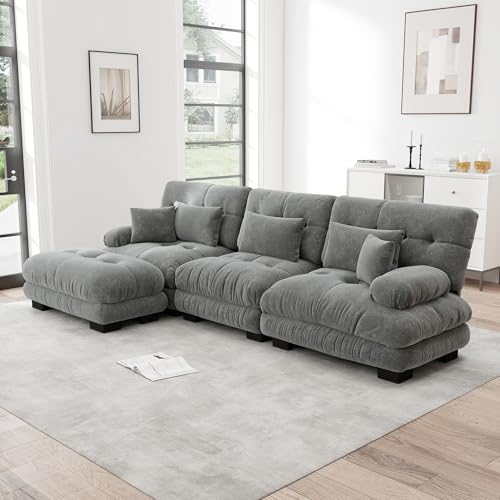 Dolamaní L-förmiges Sofa, Couch Sofa Chenille Stoff für Wohnzimmer,Wohnung,Büro,Einfache Montage (Grau, E-(3 Sitzer +1 Hocker)) von Dolamaní