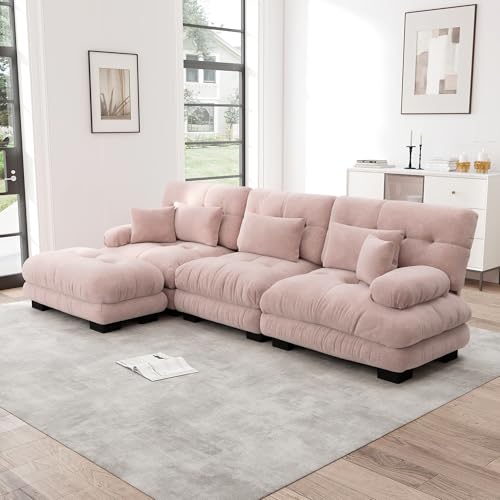 Dolamaní L-förmiges Sofa, Couch Sofa Chenille Stoff für Wohnzimmer,Wohnung,Büro,Einfache Montage (Rosa, E-(3 Sitzer +1 Hocker)) von Dolamaní