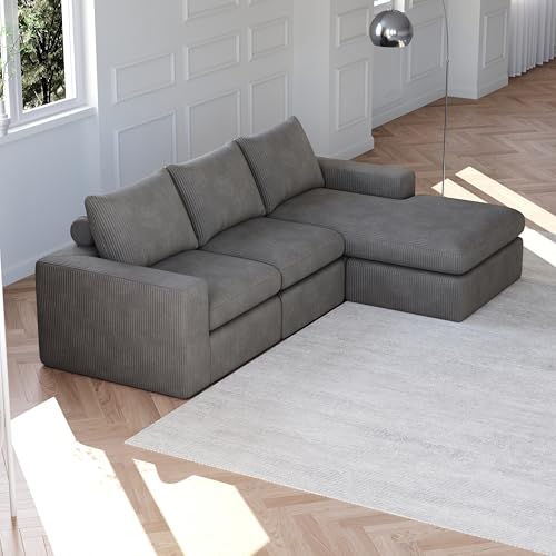 Dolamaní L-förmiges modernes gepolstertes Sofa aus Cord, Ecksofa 3-sitzer, Pure Foam Installation-Free Eckcouch (Dunkelgrau A) von Dolamaní