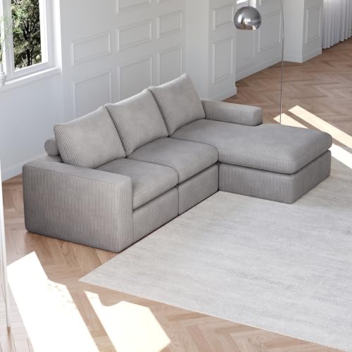 Dolamaní L-förmiges modernes gepolstertes Sofa aus Cord, Ecksofa 3-sitzer, Pure Foam Installation-Free Eckcouch (Hellgrau A) von Dolamaní