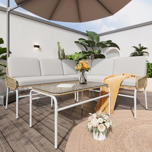 Dolamaní Lounge Sofa L-Form Outdoor Metall, Poly Rattan Gartenlounge für 4-5 Personen, Gartenmöbel Set mit Ecksofa & Auflagen, Gehärtetem GlasTisch (Aprikosengrau & Natural) von Dolamaní