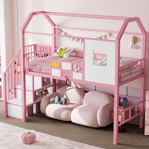 Dolamaní Mädchen Bett Rosa 90x200 cm, Metall Hochbett mit Treppe Sicherheits, Hausbett mit Dachkonstruktion und Stauraum, Rausfallschutz Design, Ohne Matratze (Rosa) von Dolamaní